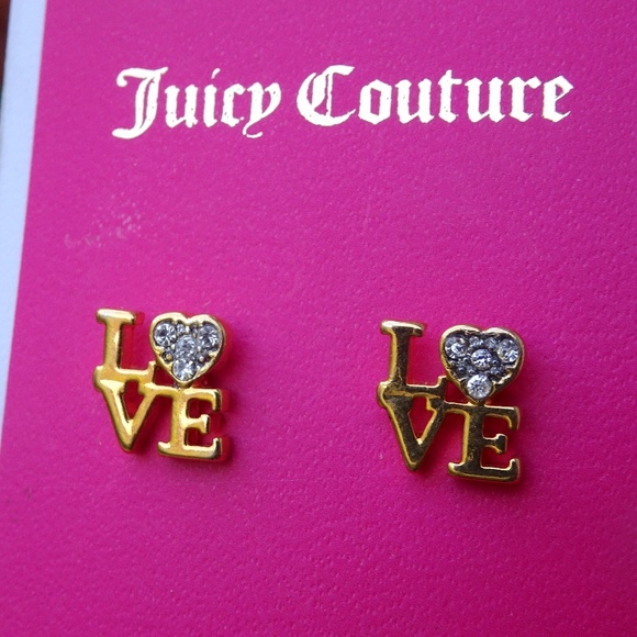Juicy Couture LOVE Stud Earrings Gold Tone Y2K McBling Baddie Crystal CZ Hearts - Picture 2 of 5